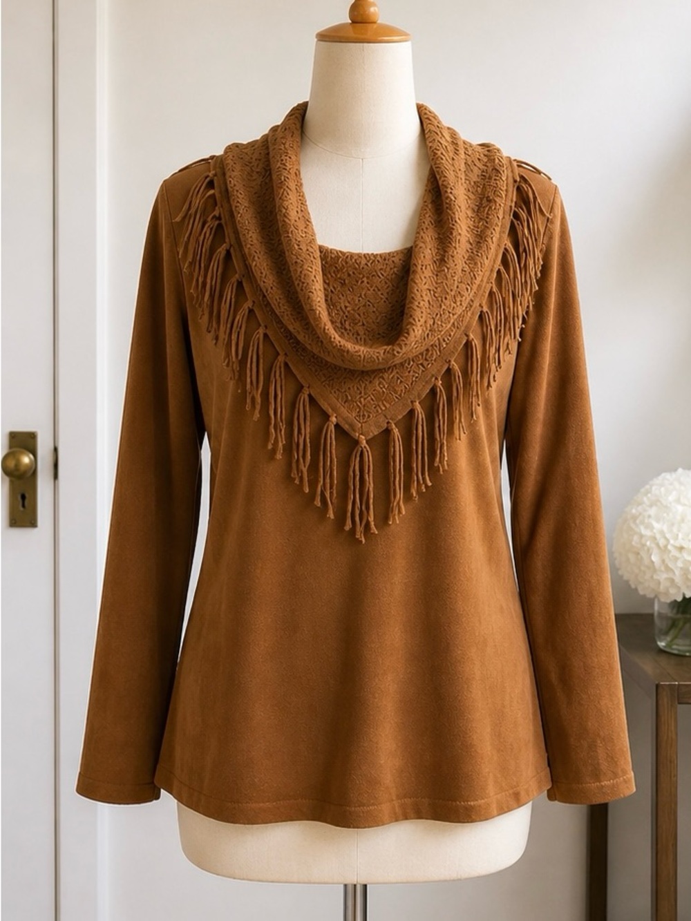 Style & Co. Fringe-Trim Cowl Neck Sweater in Caramel Brown